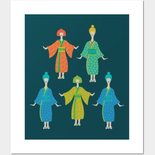 KIMONO LADIES Traditional Japanese Geisha Women in Rainbow Palette Orange Yellow Green Blue Turquoise Teal - UnBlink Studio by Jackie Tahara Posters and Art